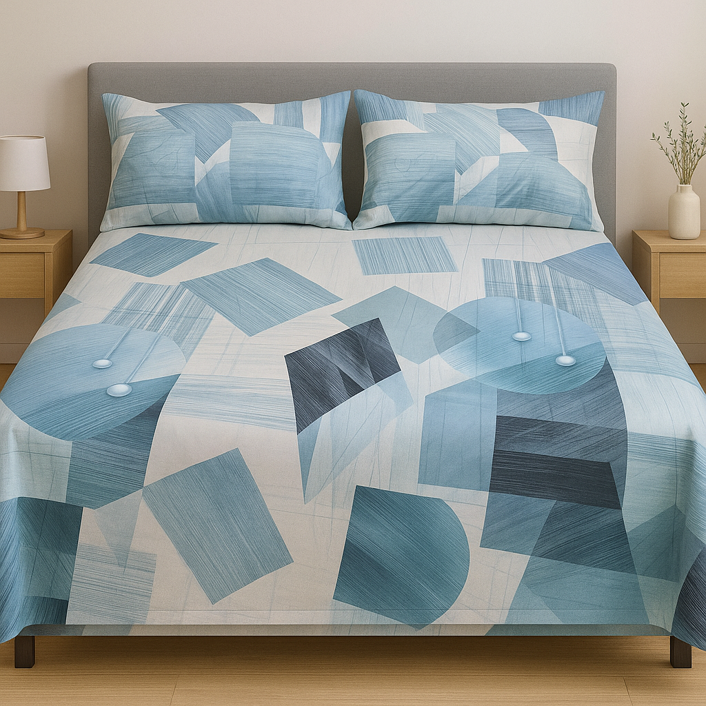 100% Cotton King bedsheet with 2 pillow covers - Blue Fusion