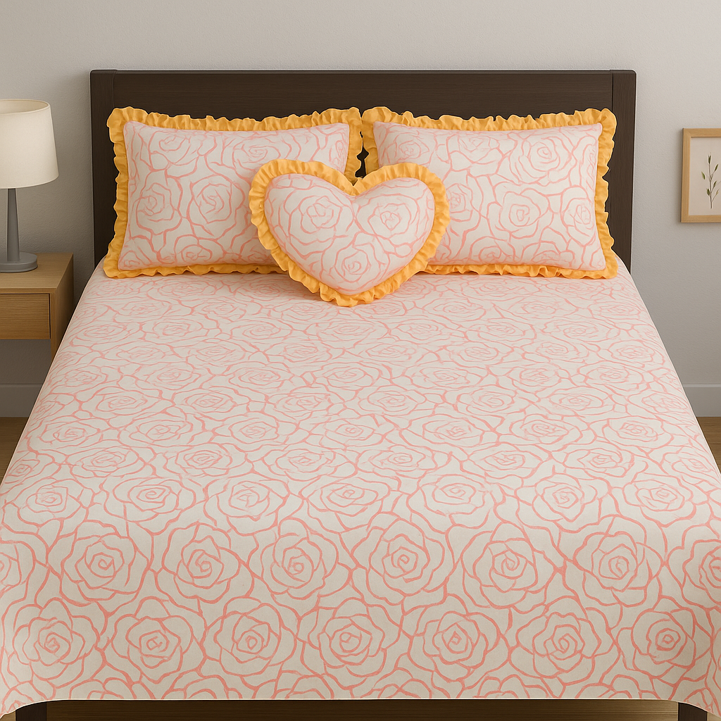 100% Cotton Double bedsheet with cushions - Pink Rose
