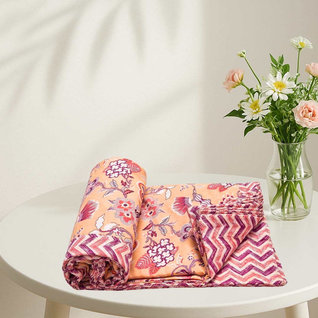 100% Cotton Reversible Single bed AC Dohar - Orange Floral