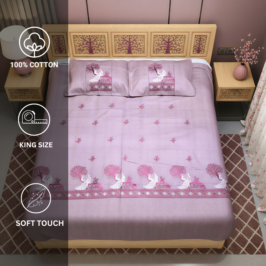 100% Cotton King Embroidered bedsheet with 2 pillow covers - Pink Peacock - Image 4