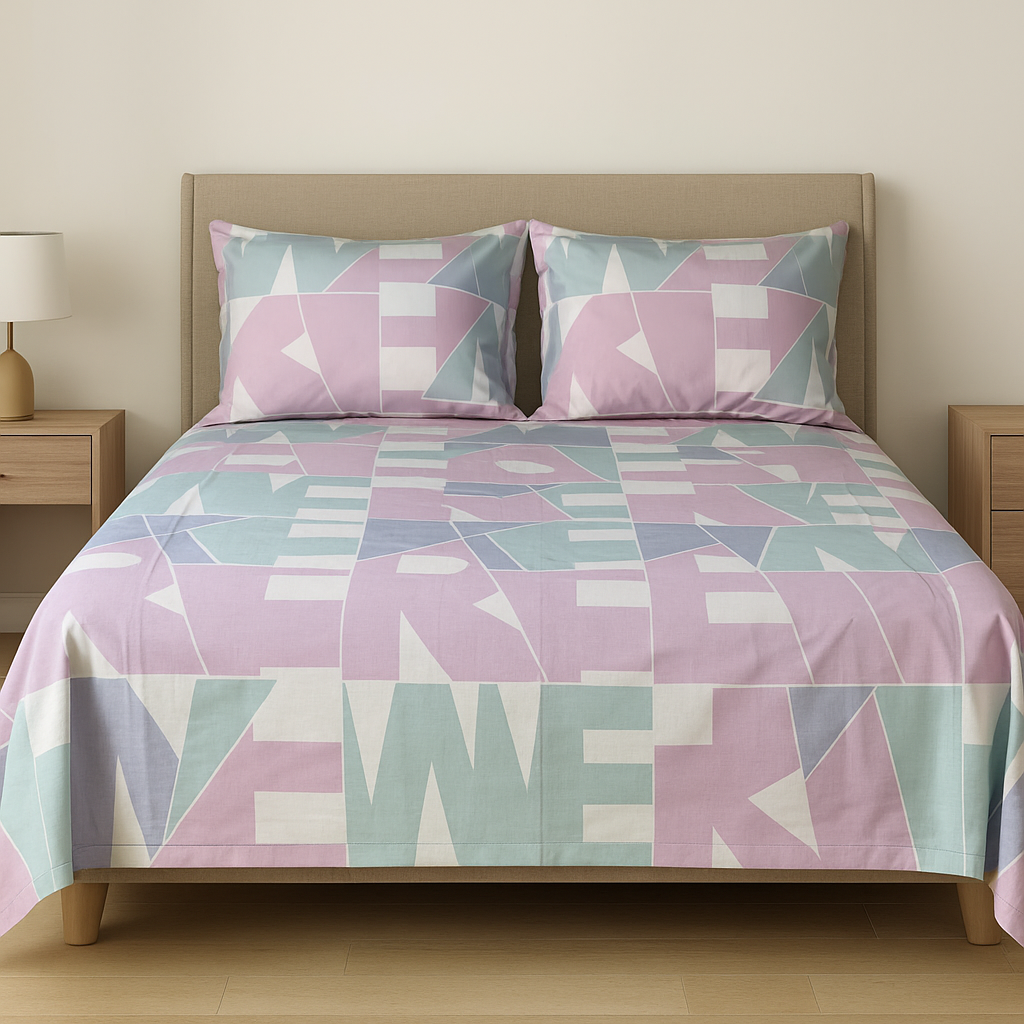 100% Cotton King bedsheet with 2 pillow covers - Alphabet Pastel