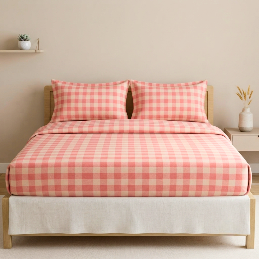 Trending Polycot Double Bed bedsheet with 2 pillow covers - Peach Checks