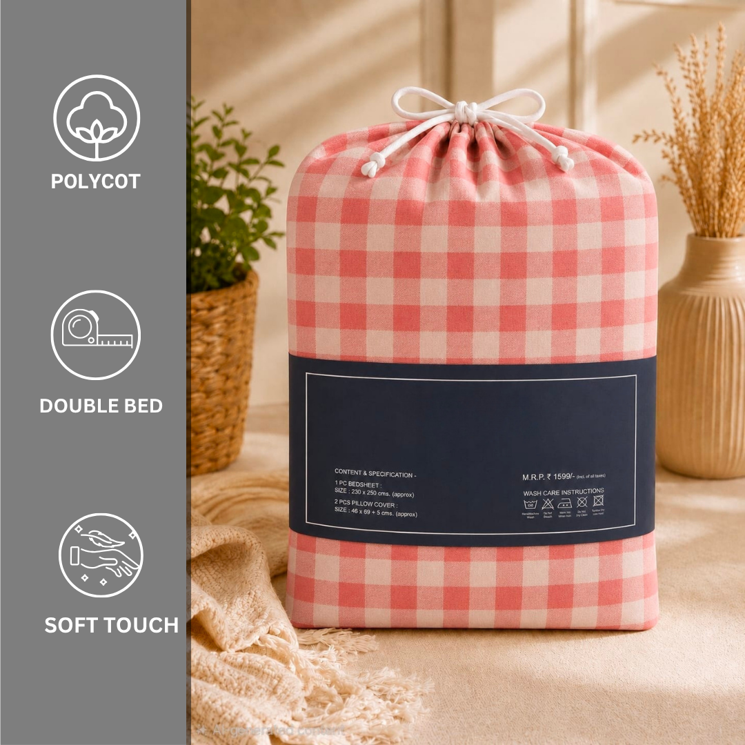 Trending Polycot Double Bed bedsheet with 2 pillow covers - Peach Checks - Image 5