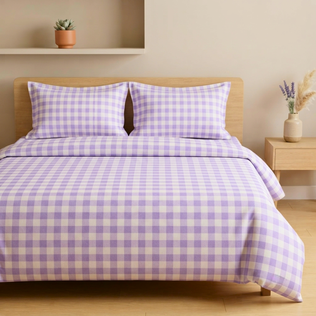 Trending Polycot Double Bed bedsheet with 2 pillow covers - Lavender Checks