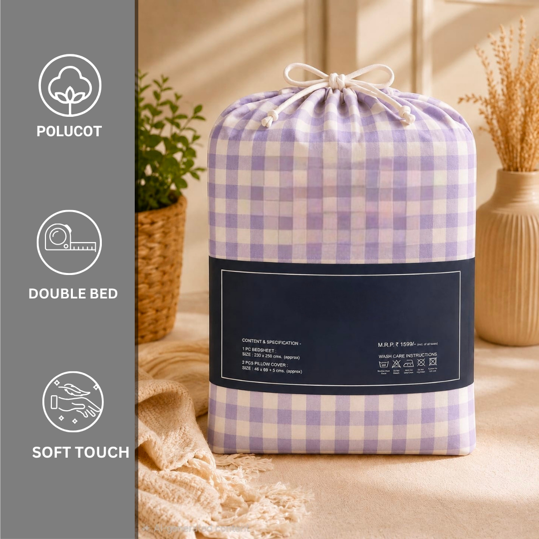 Trending Polycot Double Bed bedsheet with 2 pillow covers - Lavender Checks - Image 5