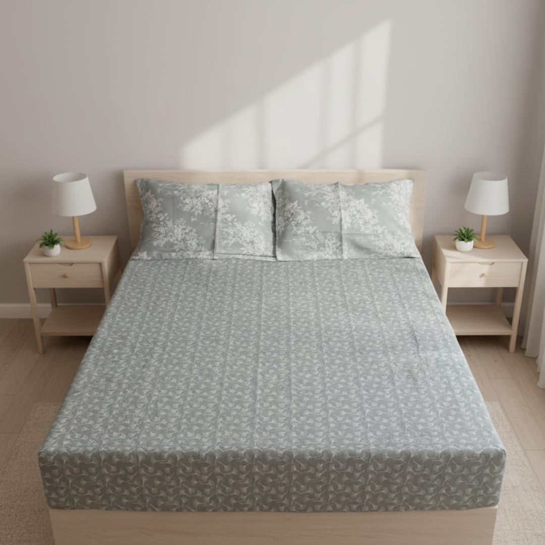 100% Cotton double bedsheet with 2 pillow covers - Ginkgo Leaves