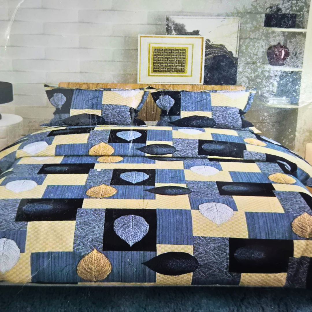 Polycot King bedsheet with 2 pillow covers - Blue leaves