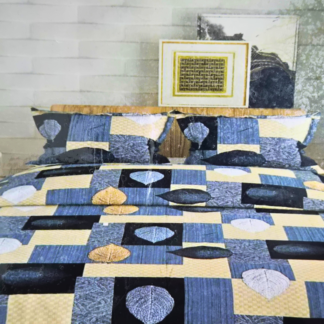 Polycot King bedsheet with 2 pillow covers - Blue leaves - Image 2