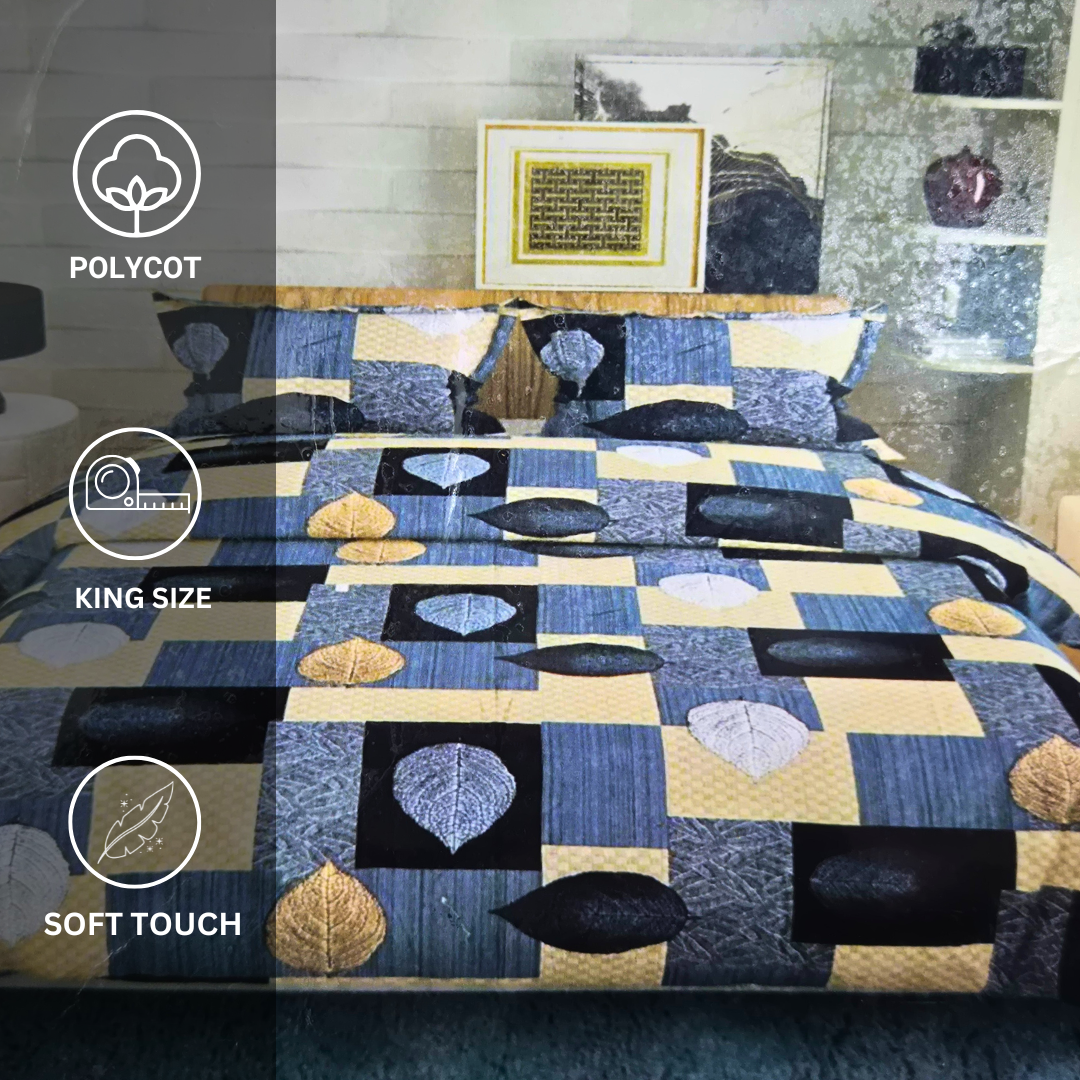 Polycot King bedsheet with 2 pillow covers - Blue leaves - Image 3