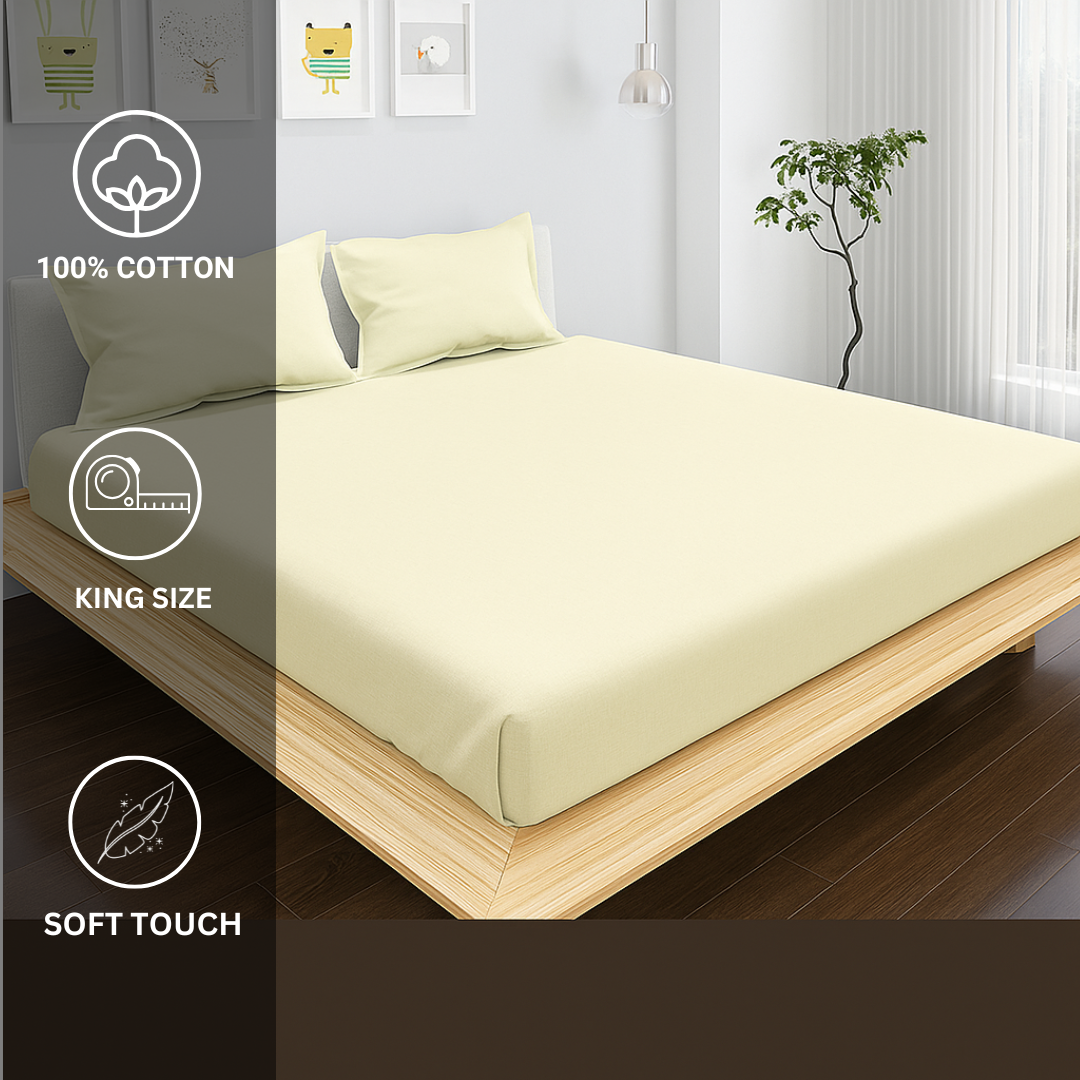 100% Cotton King bedsheet with 2 pillow covers - Cream - Image 3