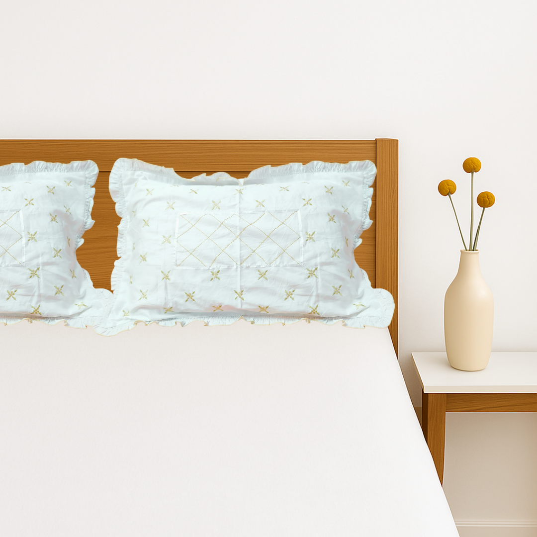 Pure Cotton embroidered Pillow Cover set of 2 - White & Light yellow (27x18)