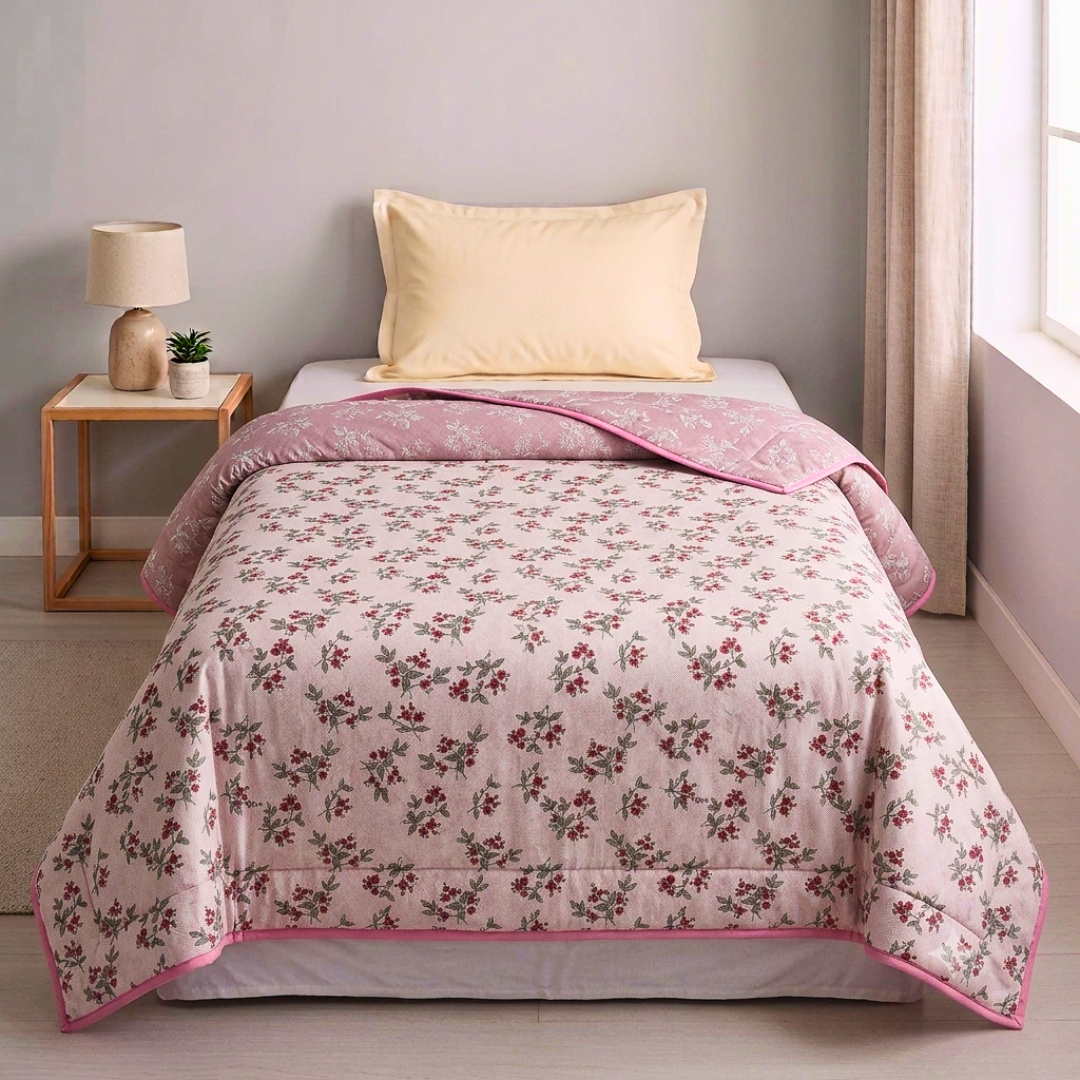 100% Cotton Reversible Single bed AC Dohar - Pink Florals