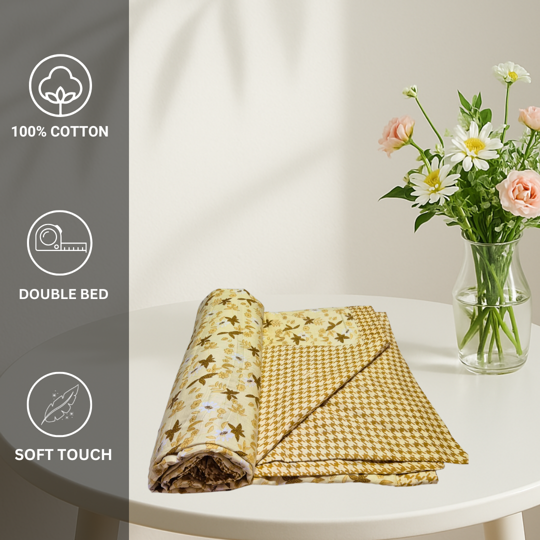 100% Cotton Reversible AC Dohar Double bed - Yellow Florals - Image 4