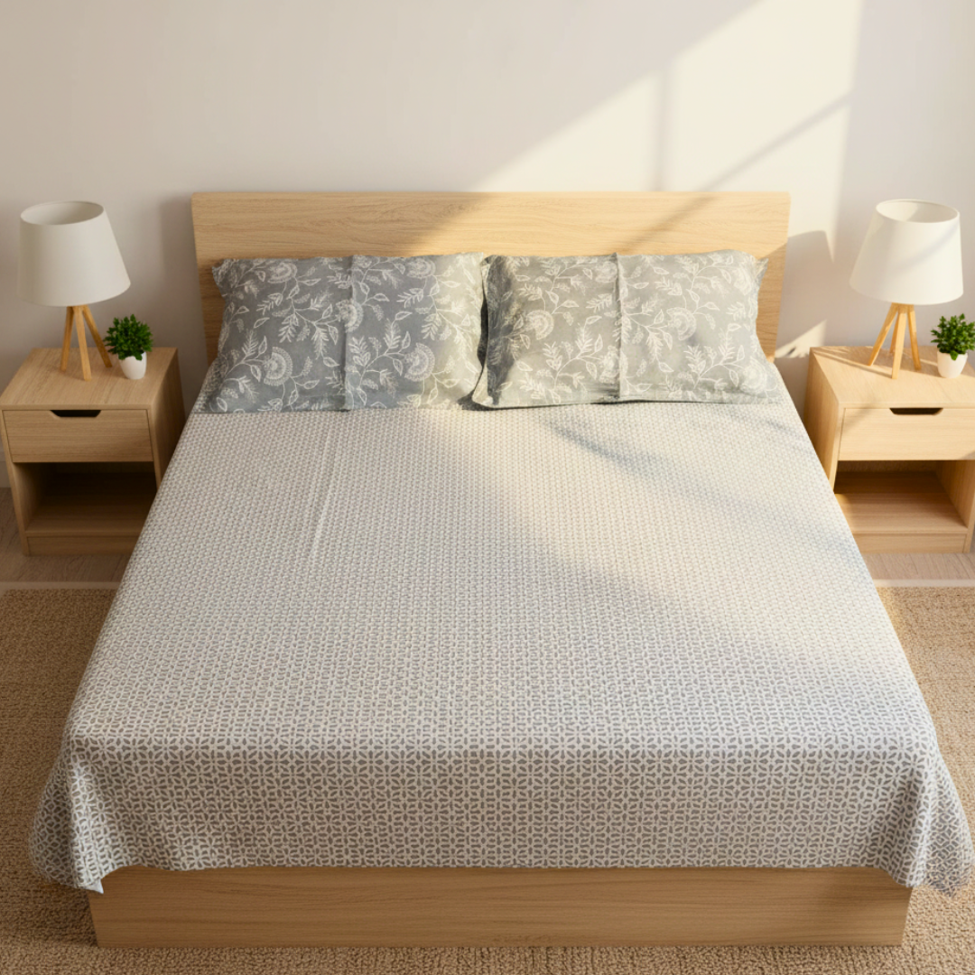 100% Cotton double bedsheet with 2 pillow covers - Blue Bloom