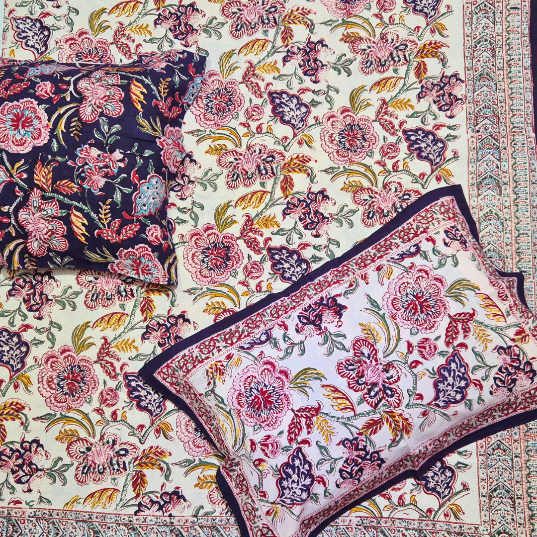 Jaipuri Hand block print Pure Cotton Bedsheet - Dark Florals