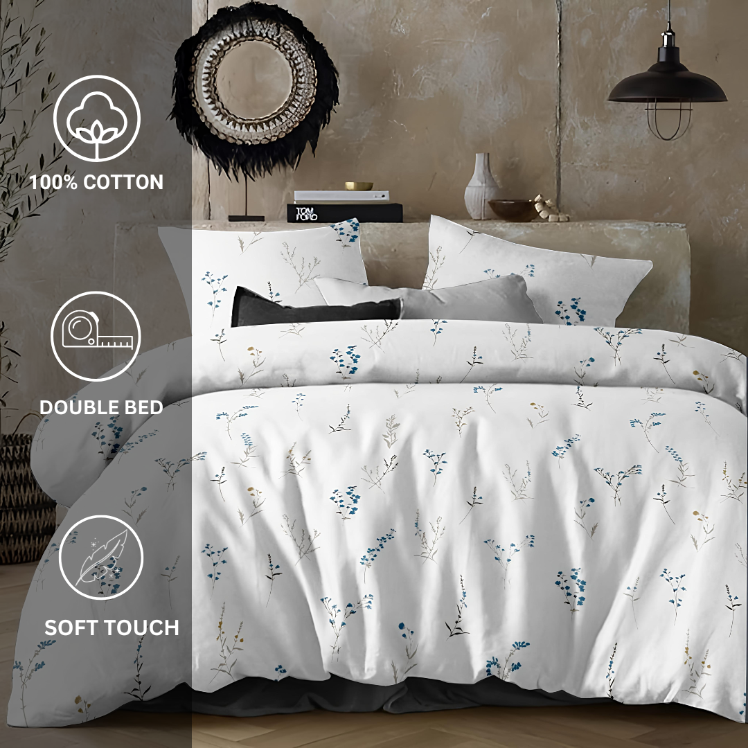 100% Cotton double bedsheet with 2 pillow covers - Blue Sprig - Image 3
