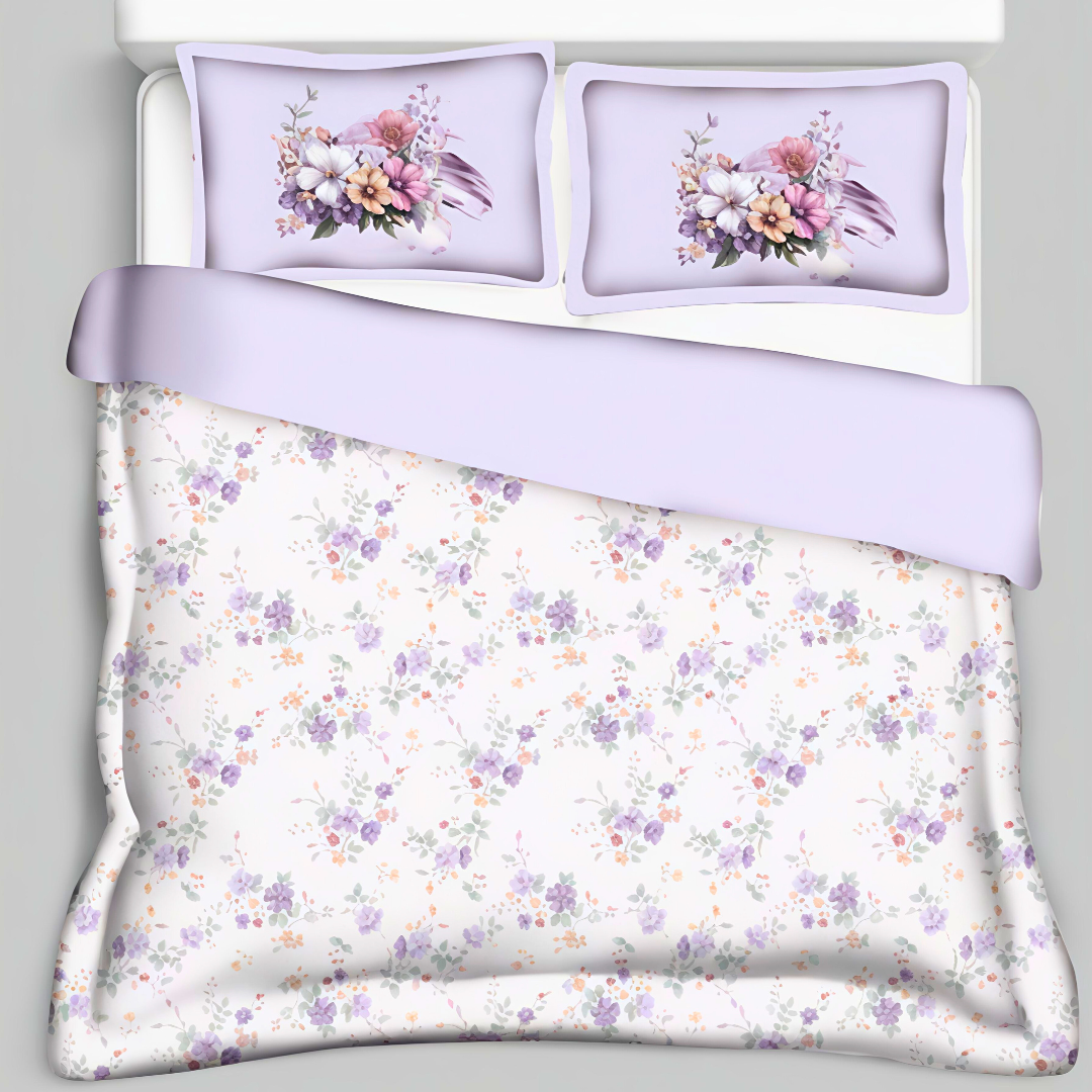 100% Cotton King bedsheet with 2 pillow covers - Lavender Florals