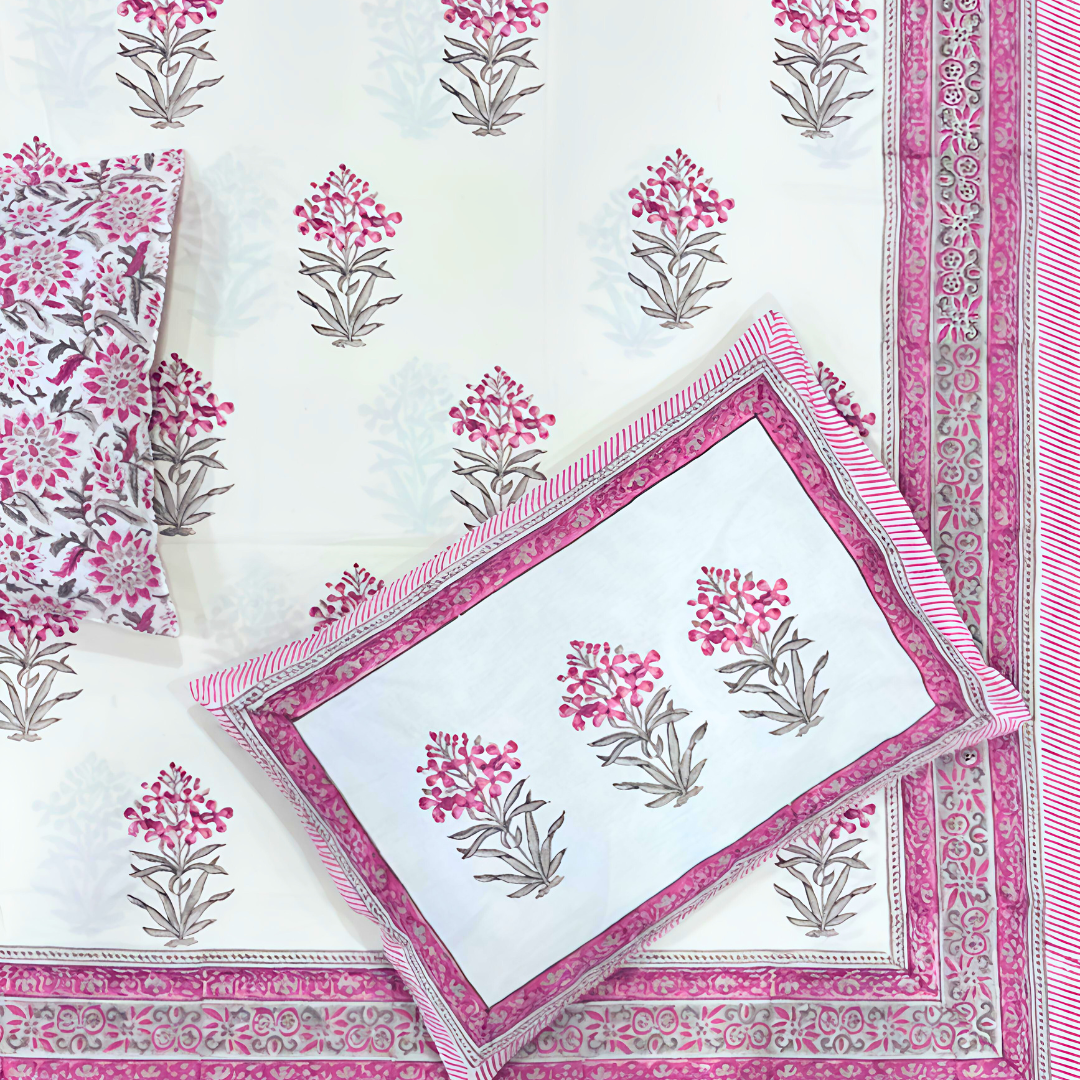 Jaipuri Hand Block Print Pure Cotton Double Bedsheet - Pink Florals