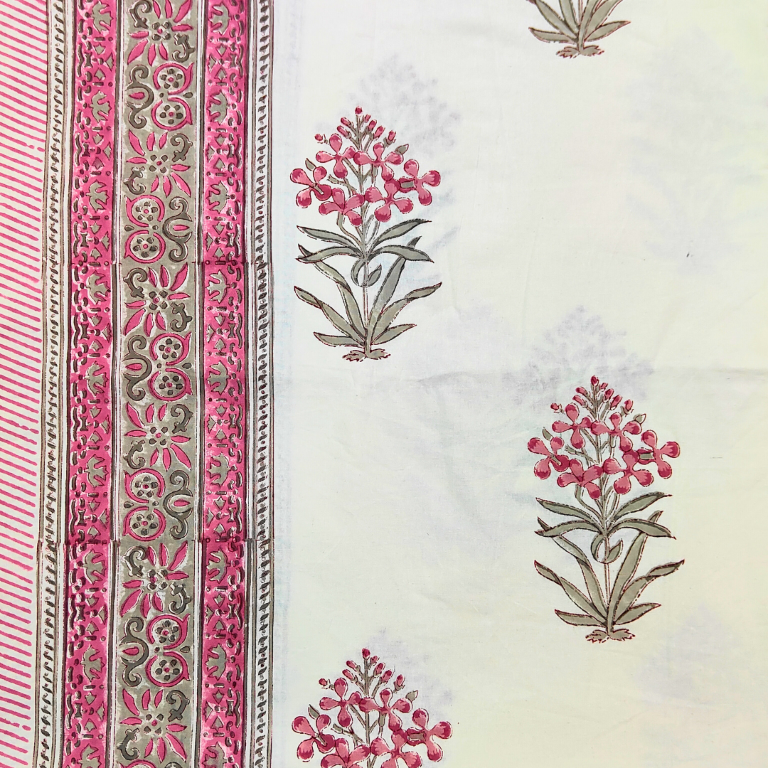 Jaipuri Hand Block Print Pure Cotton Double Bedsheet - Pink Florals - Image 2