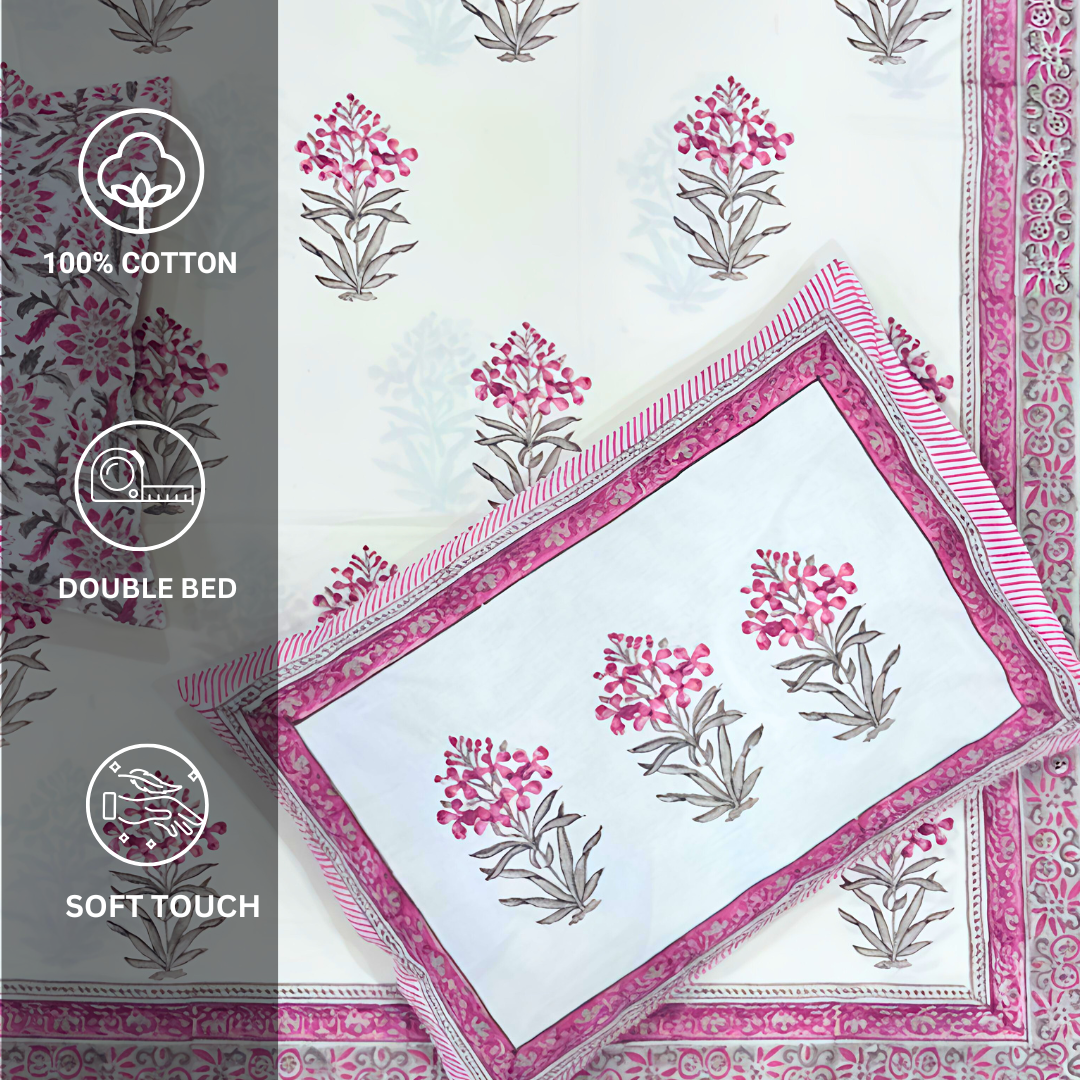 Jaipuri Hand Block Print Pure Cotton Double Bedsheet - Pink Florals - Image 5