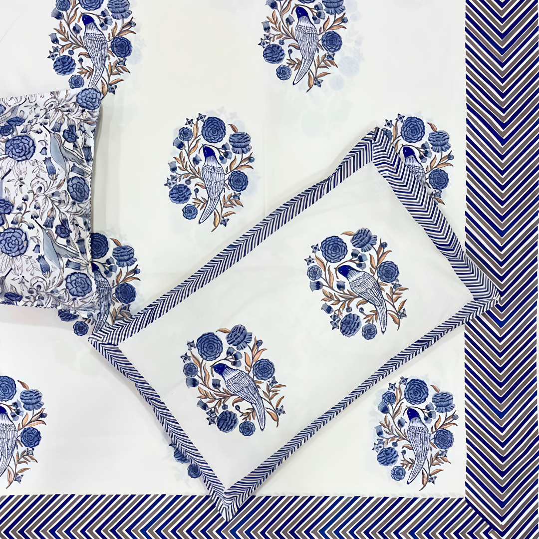 Jaipuri Hand Block Print Parkel Cotton Double Bedsheet - Blue Cuckoo