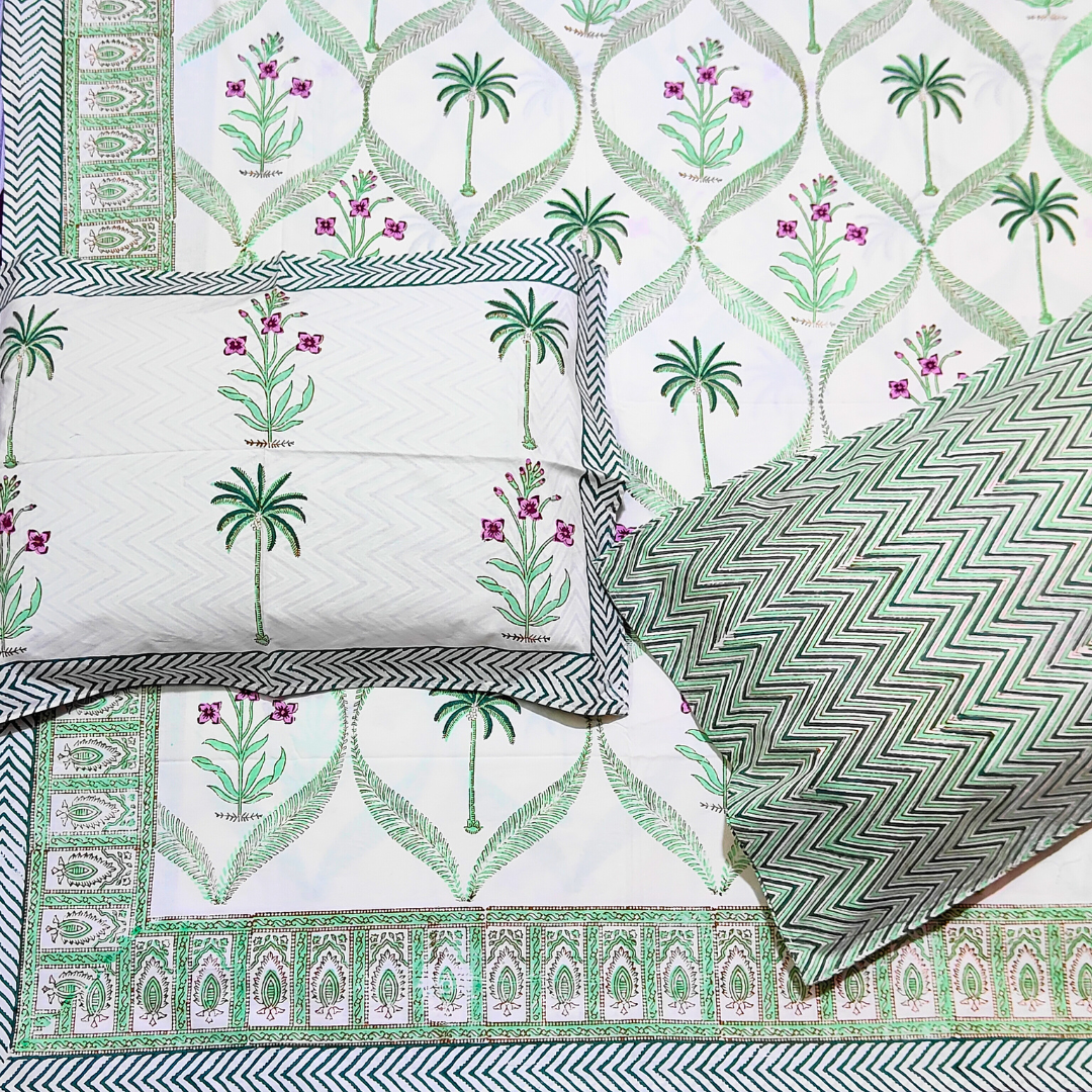 Jaipuri Hand Block Print Parkle Cotton Double Bedsheet - Floral Tropical Trees