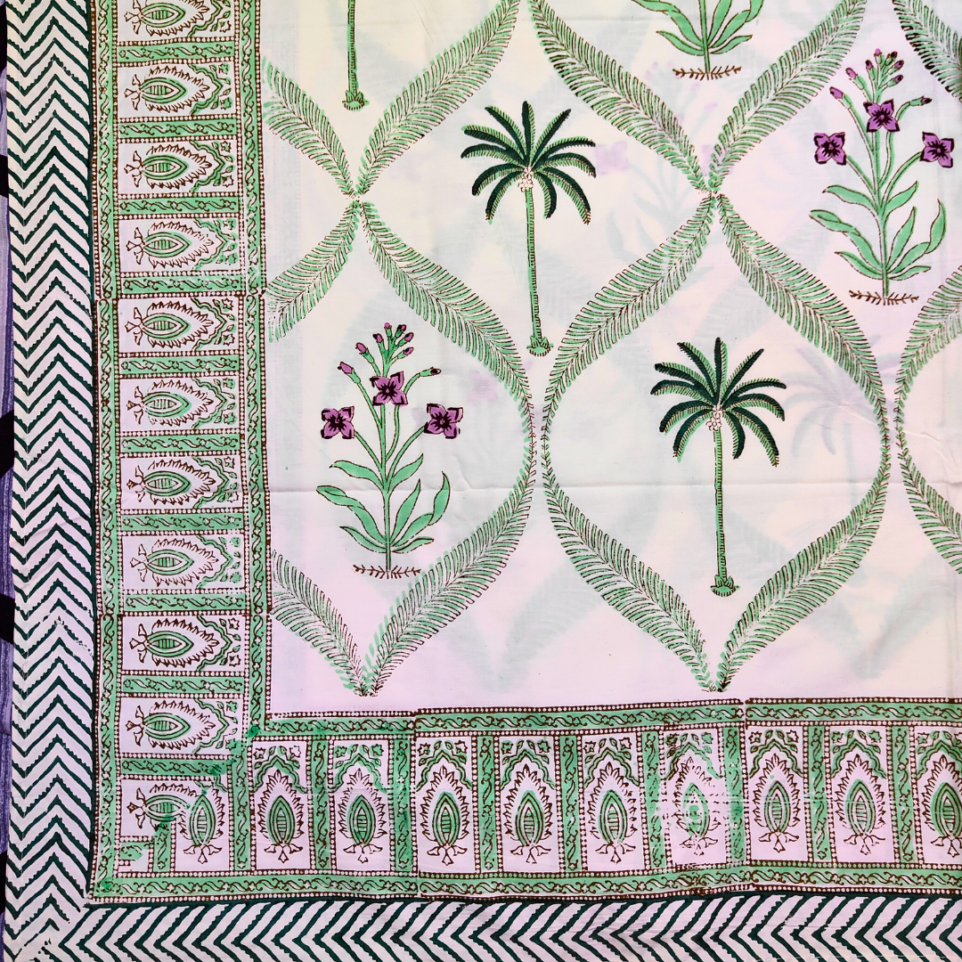Jaipuri Hand Block Print Parkle Cotton Double Bedsheet - Floral Tropical Trees - Image 2
