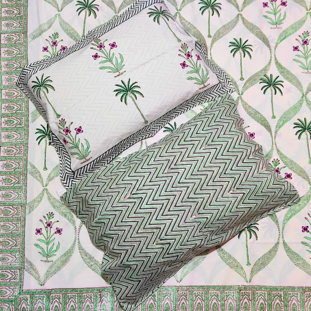 Jaipuri Hand Block Print Parkle Cotton Double Bedsheet - Floral Tropical Trees - Image 4