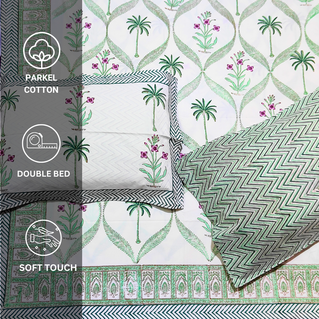 Jaipuri Hand Block Print Parkle Cotton Double Bedsheet - Floral Tropical Trees - Image 5