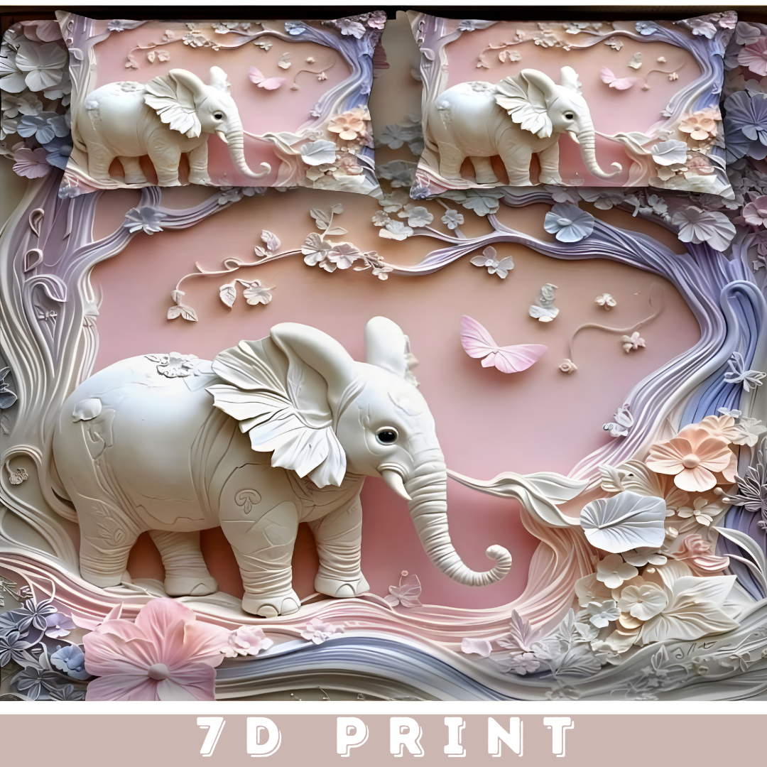 7D Printed Polycot King Bedsheet - Elephant