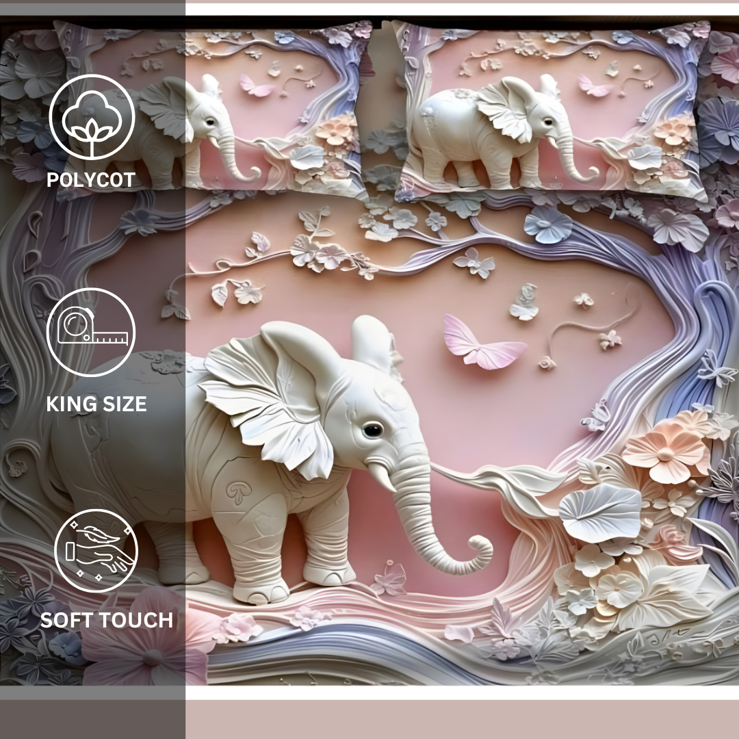 7D Printed Polycot King Bedsheet - Elephant - Image 4