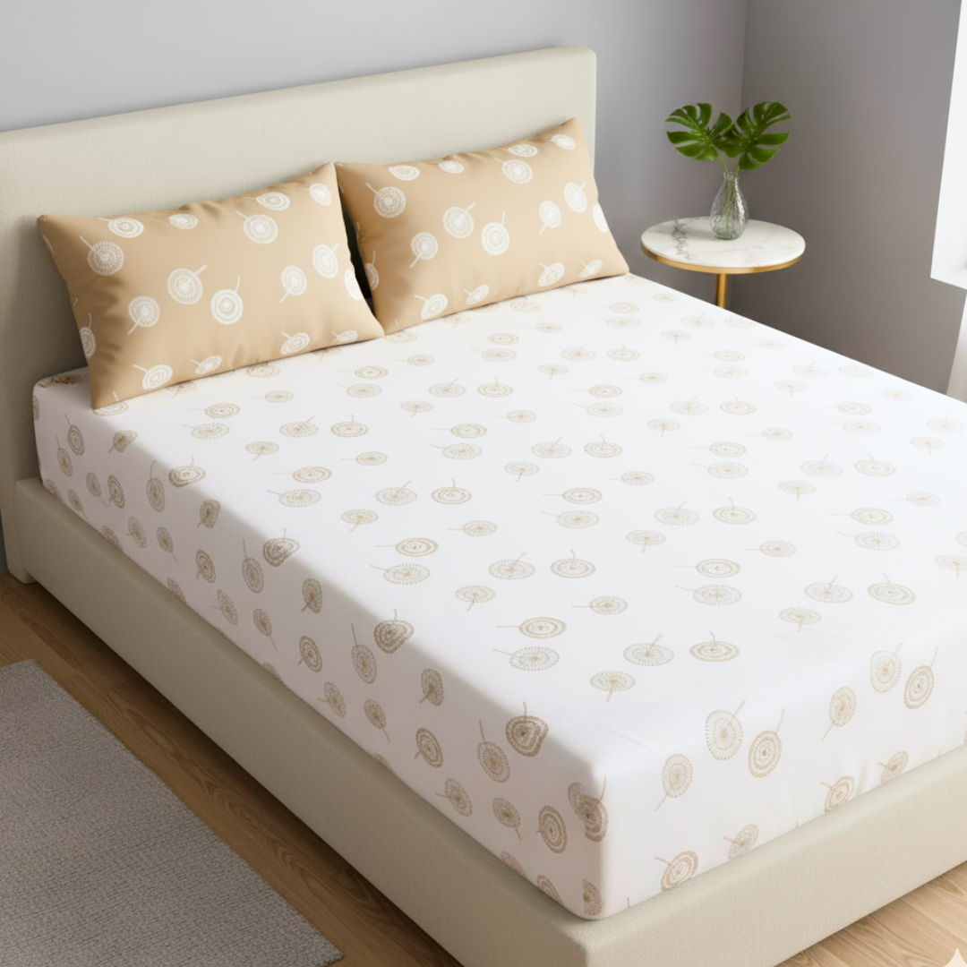 100% Cotton Queen/King Fitted bedsheet with 2 pillow covers - Dandelion Dreams