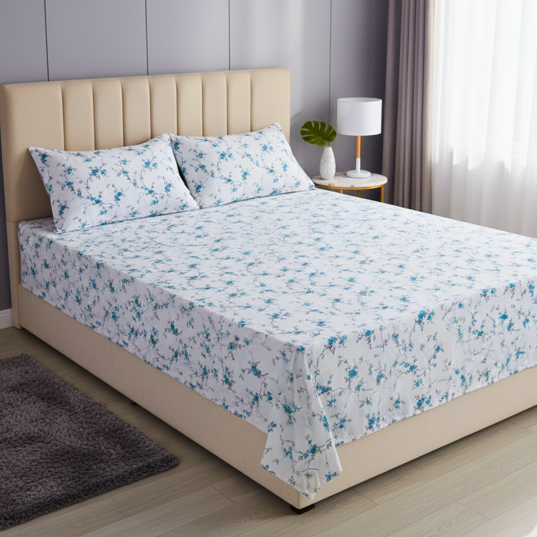 100% Cotton Queen/King Fitted bedsheet with 2 pillow covers - Blue Blossom