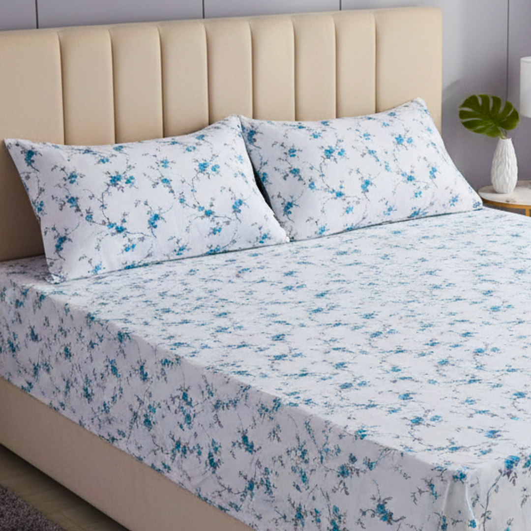 100% Cotton Queen/King Fitted bedsheet with 2 pillow covers - Blue Blossom - Image 2