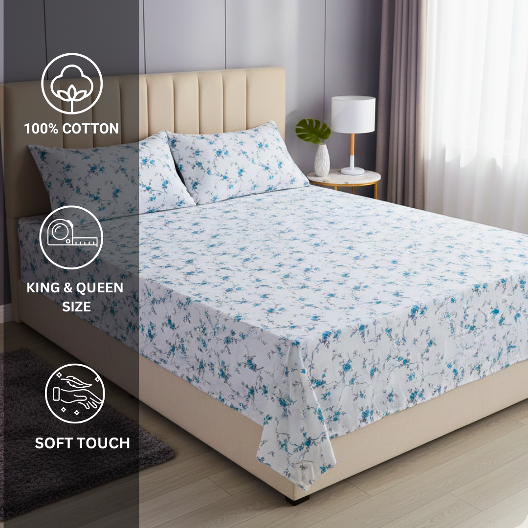 100% Cotton Queen/King Fitted bedsheet with 2 pillow covers - Blue Blossom - Image 4