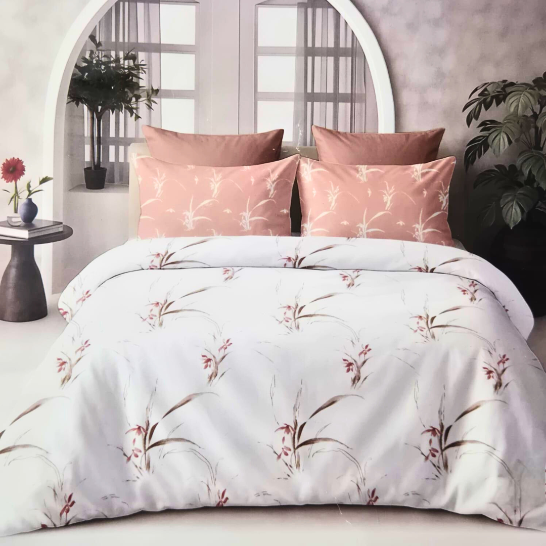 100% Cotton Queen/King Fitted bedsheet with 2 pillow covers - Peach & White