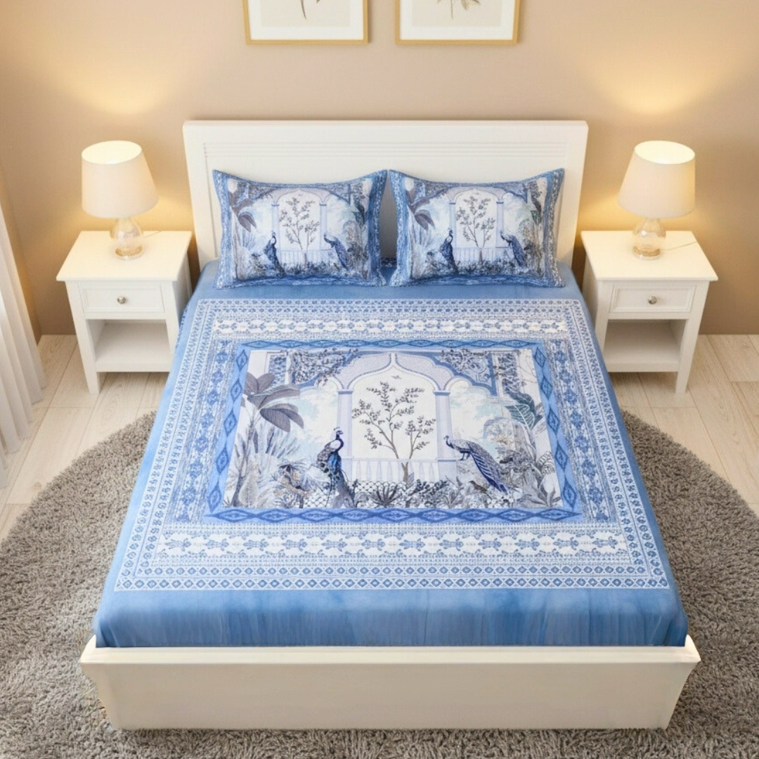 100% Cotton King bedsheet with 2 pillow covers - Peacock Garden