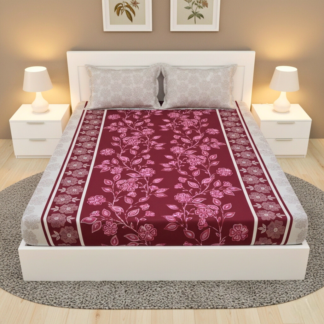 100% Cotton Queen/King Fitted bedsheet with 2 pillow covers - Maroon Bloom