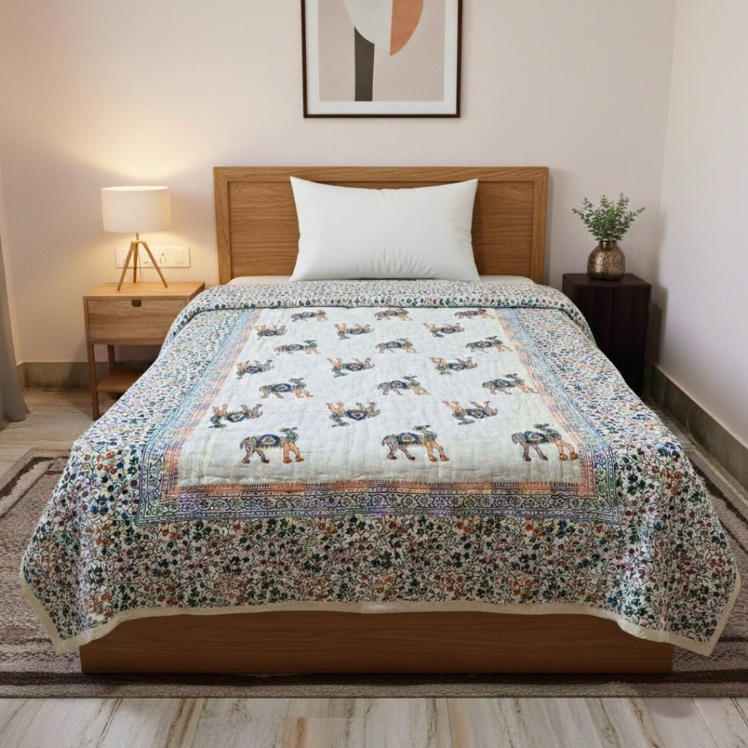 Pure Cotton Jaipuri Razai Single Bed - Desert Camel