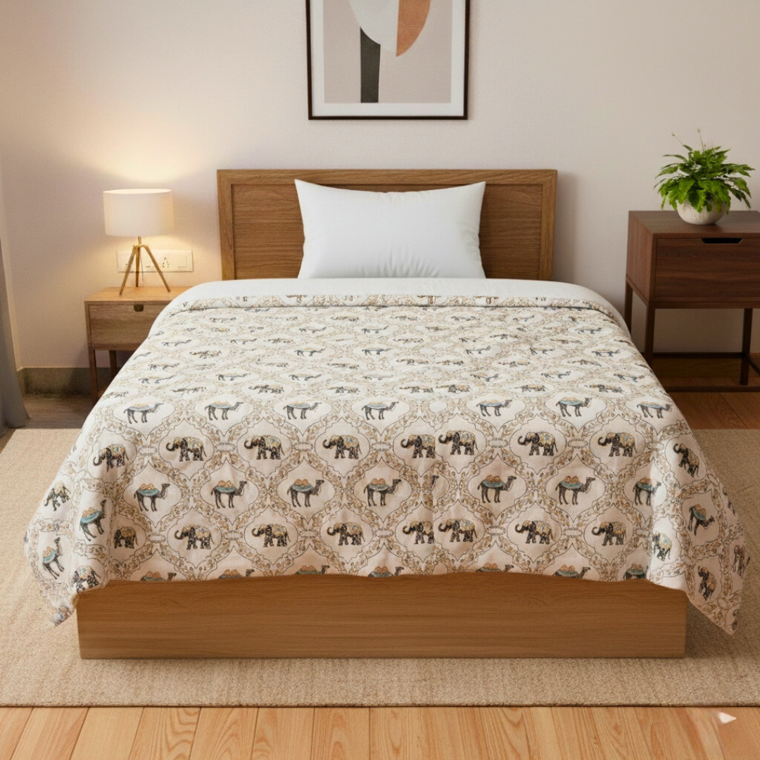 Pure Cotton Jaipuri Razai Single Bed - Camel & Elephant