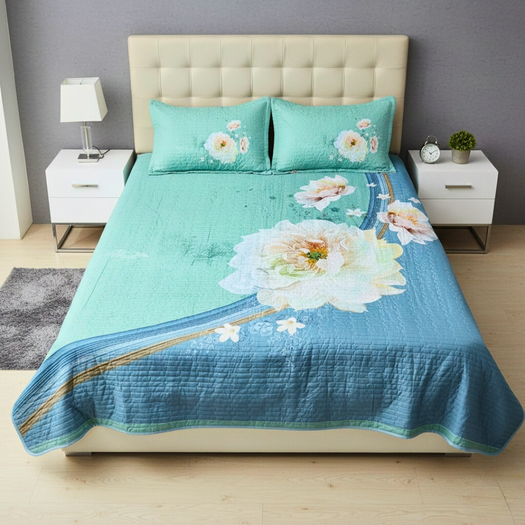 Pure Cotton Quilted King Bed Cover with 2 Pillow Covers - Aqua Floral