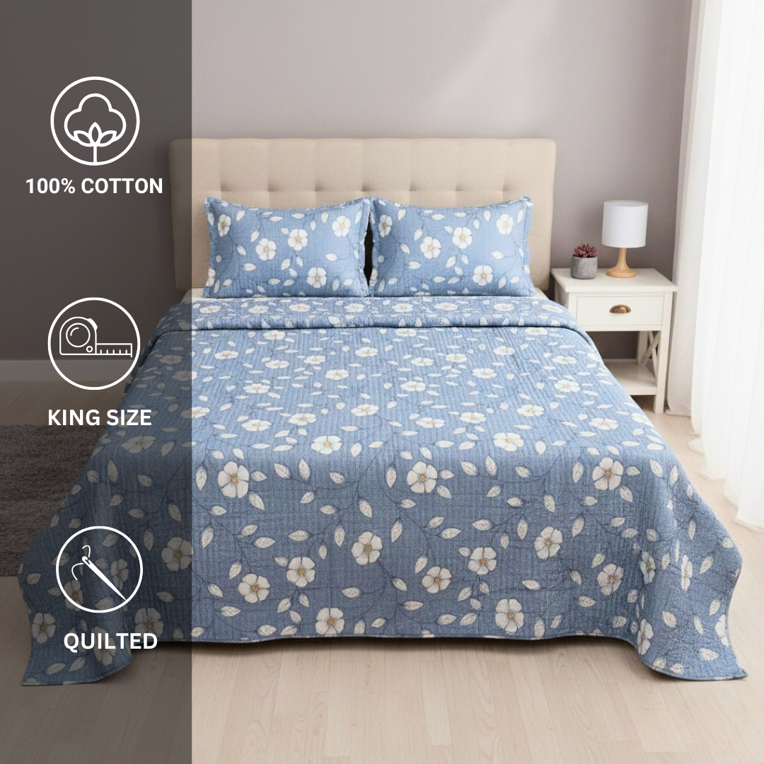 Pure Cotton Quilted King Bed Cover with 2 Pillow Covers - Soft Bloom - Image 4