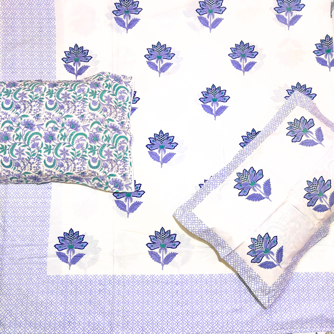 100% Cotton Parkle King bedsheet with 2 pillow covers - Indigo Bloom