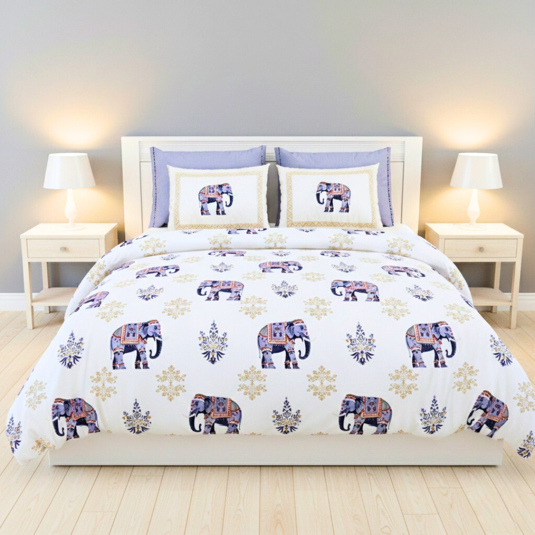 100% Cotton King bedsheet with 2 pillow covers - Elephant Grace
