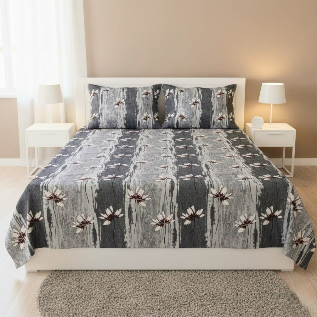 100% Cotton King bedsheet with 2 pillow covers - Floral Mist grey