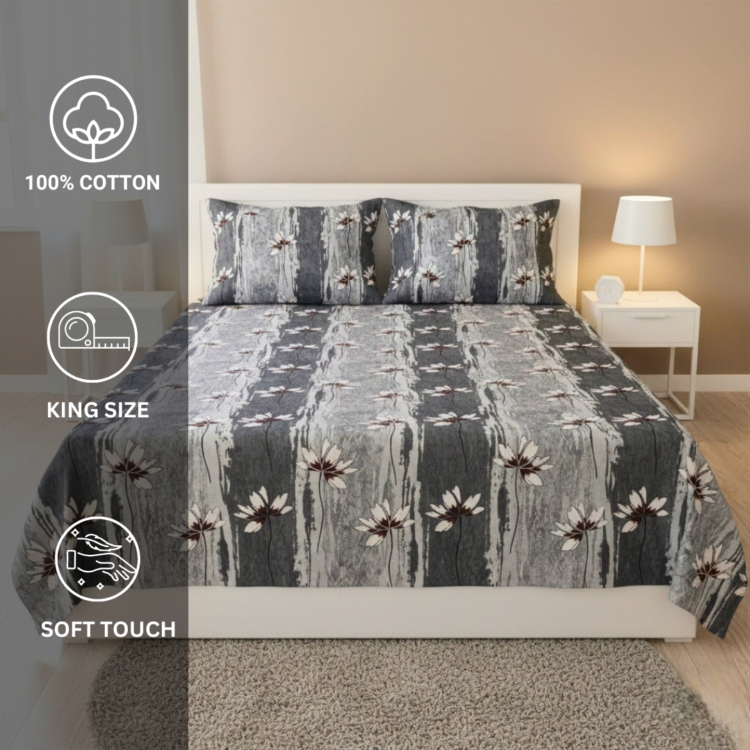 100% Cotton King bedsheet with 2 pillow covers - Floral Mist grey - Image 5