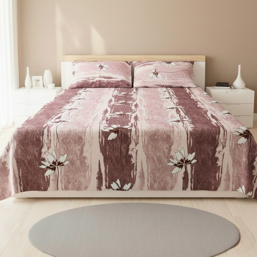 100% Cotton King bedsheet with 2 pillow covers - Floral Mist Brown