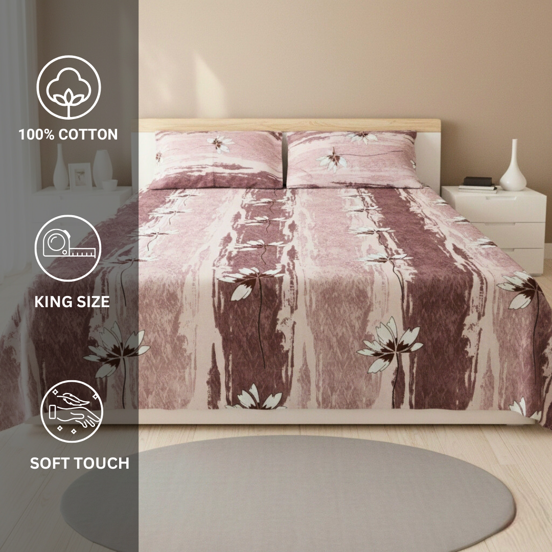 100% Cotton King bedsheet with 2 pillow covers - Floral Mist Brown - Image 4