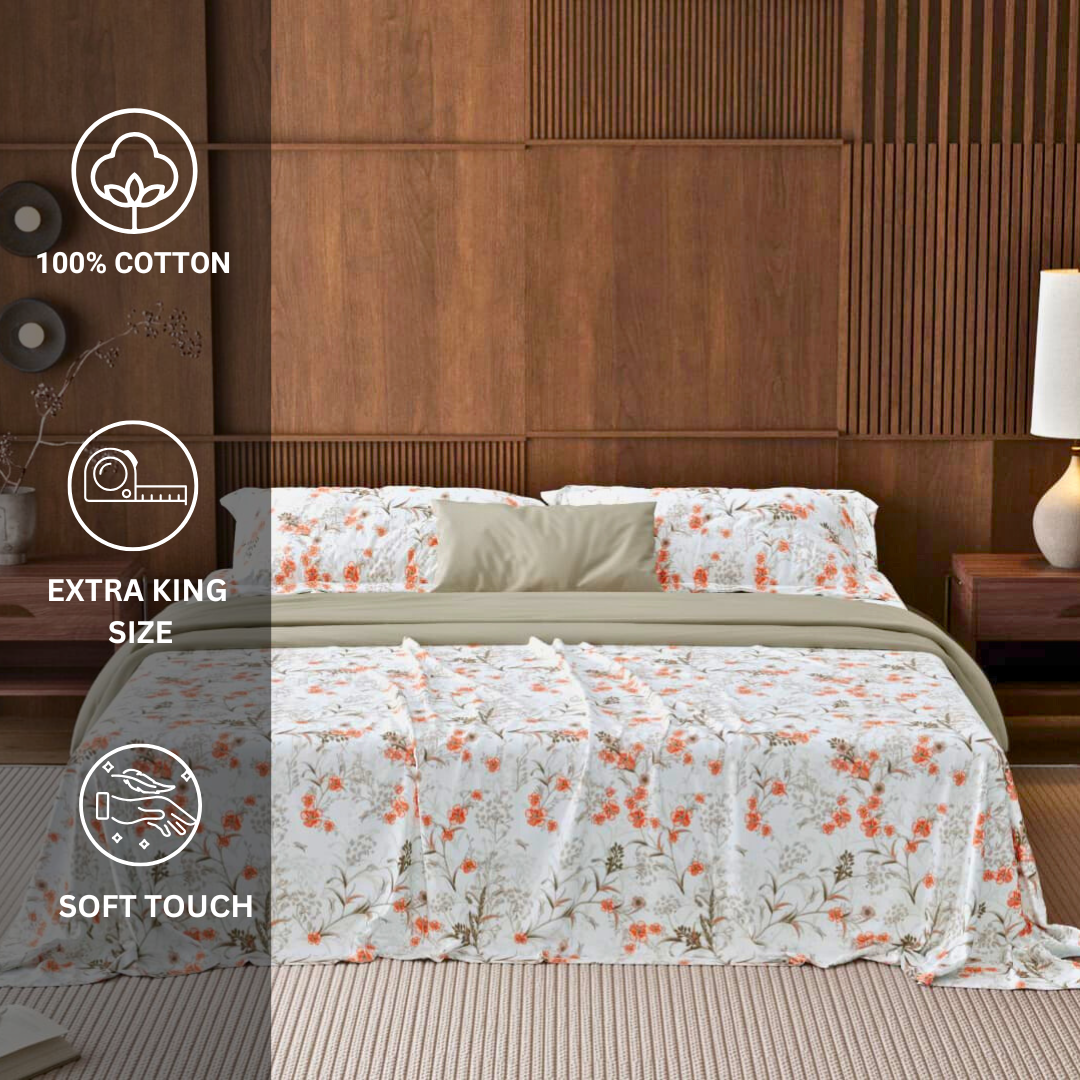100% Cotton King bedsheet with 2 pillow covers - Peach Floral - Image 5
