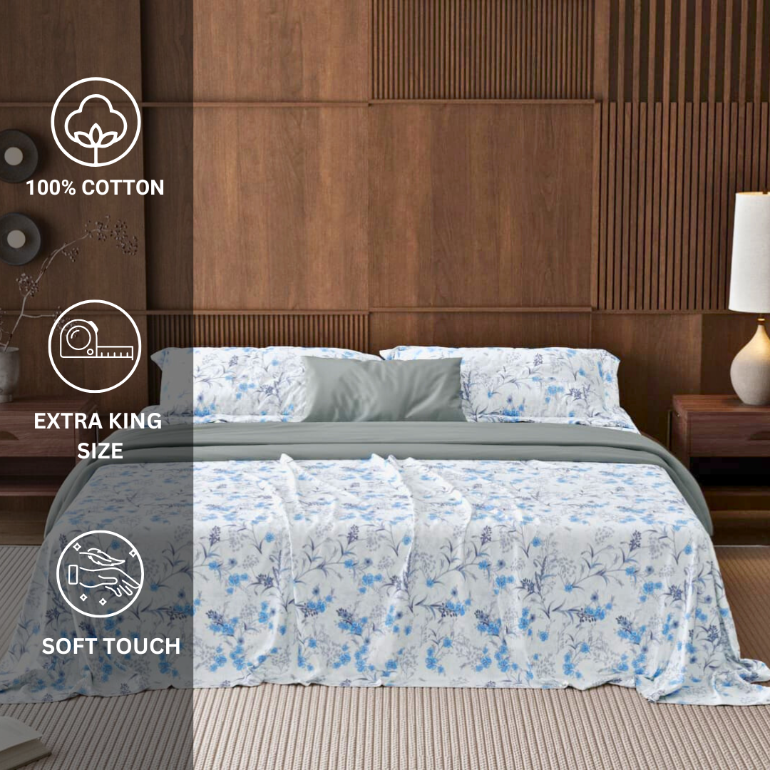 100% Cotton King bedsheet with 2 pillow covers - Floral Blues - Image 5